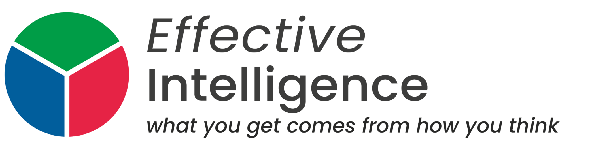 Logo of Effective Intelligence (A circle split into three coloured sections of Green, Red and Blue). Accompanied by text (Effective Intelligence: What You Get Comes From How You Think)