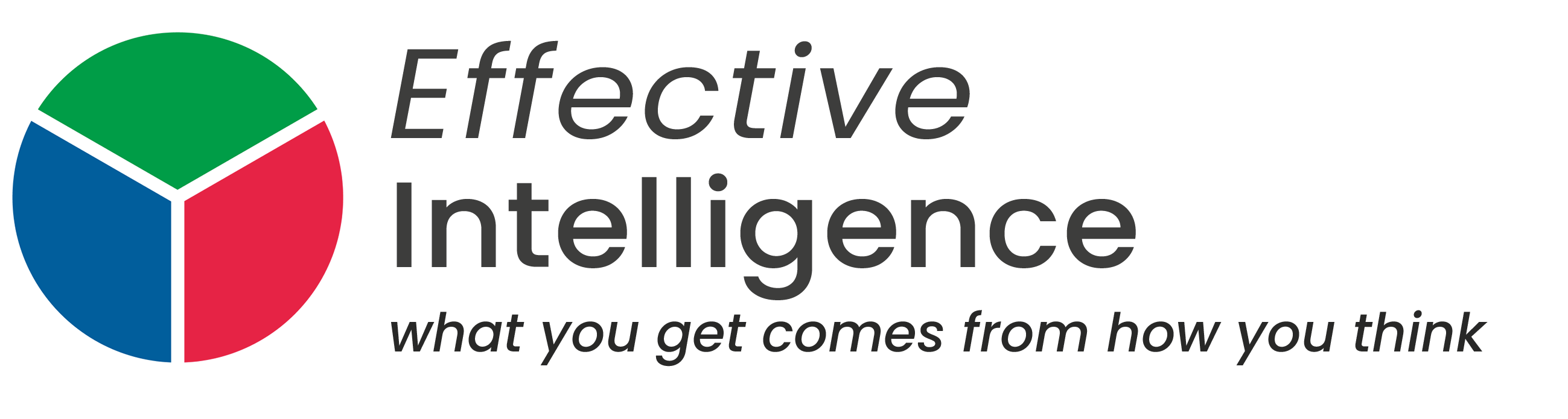 Logo of Effective Intelligence (A circle split into three coloured sections of Green, Red and Blue). Accompanied by text (Effective Intelligence: What You Get Comes From How You Think)